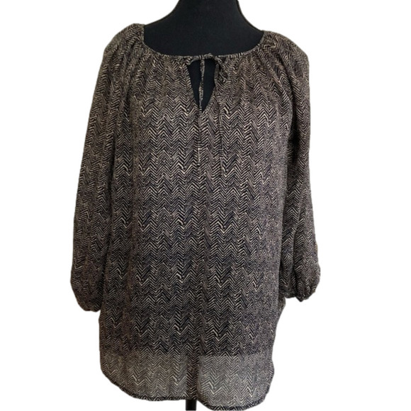 CHAPS zig- zag design black and cream tie front bohemian peasant blouse. Size M - Picture 3 of 7